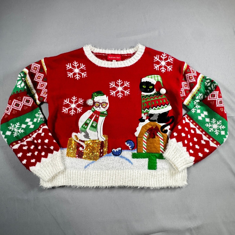 Blizzard Bay Cat Ugly Christmas Sweater Womens Small Red Sequins Holidays